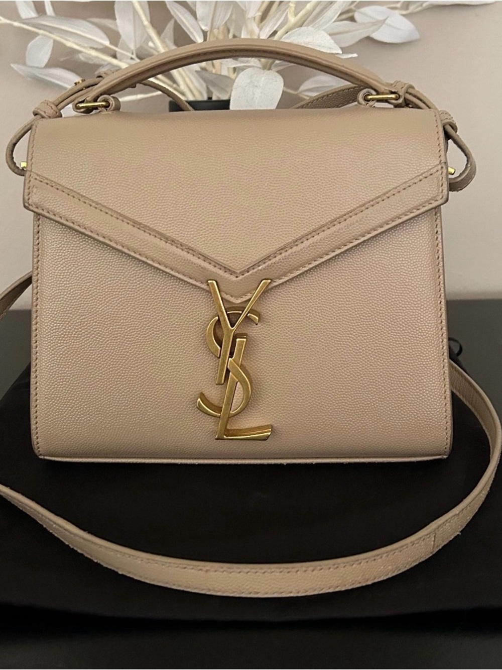 Saint Laurent Taupe Leather Top-Handle Satchel with Gold YSL Logo